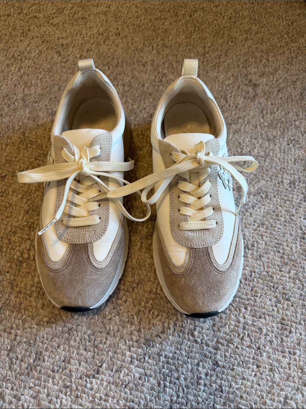 Tory Burch Cream and Taupe Suede-Trim Lace-Up Sneakers